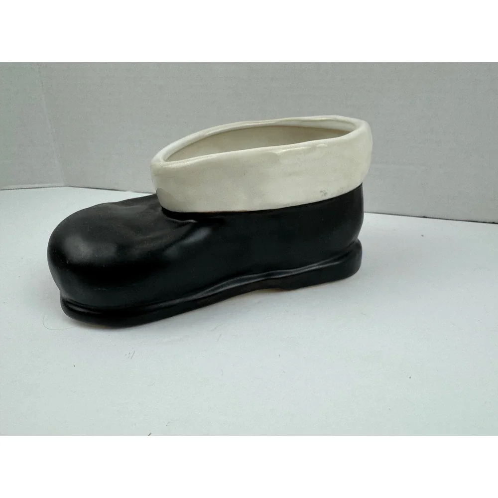 Pottery Barn Santa Boot Ceramic Planter Candy Dish Black White Holiday Decor
